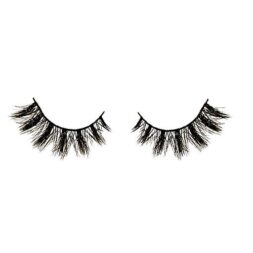 A pair of fake eyelashes on top of white background.