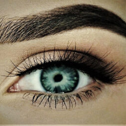 A close up of the eye with long eyelashes