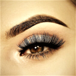 A close up of the eye with long eyelashes