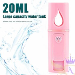 Nano Facial Mist Sprayer with 20ml large water tank capacity displayed with water splash background.