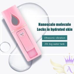 Nano Facial Mist Sprayer with ultrasonic vibration and hydration lock features highlighted.
