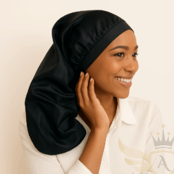 Woman wearing a black satin long bonnet – Aloumbabelle.