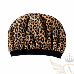 Satin bonnet with leopard print and black band.