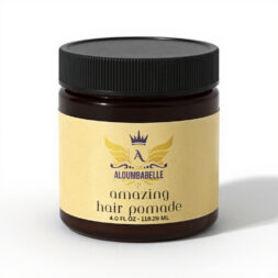 4 oz jar of Aloumbabelle Amazing Hair Pomade with black lid.
