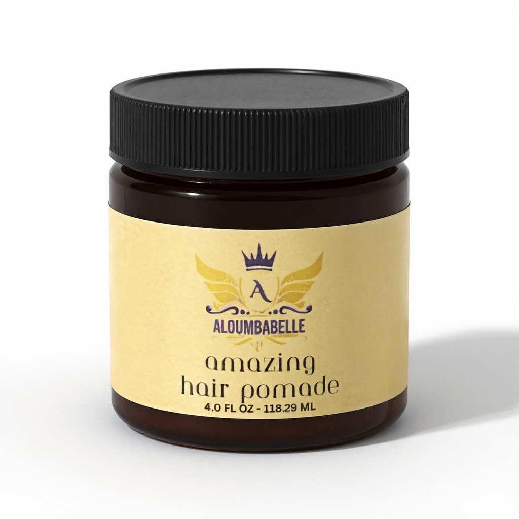 4 oz jar of Aloumbabelle Amazing Hair Pomade with black lid.