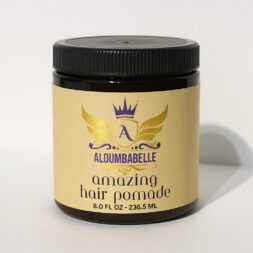 8 oz jar of Aloumbabelle Amazing Hair Pomade with black lid.