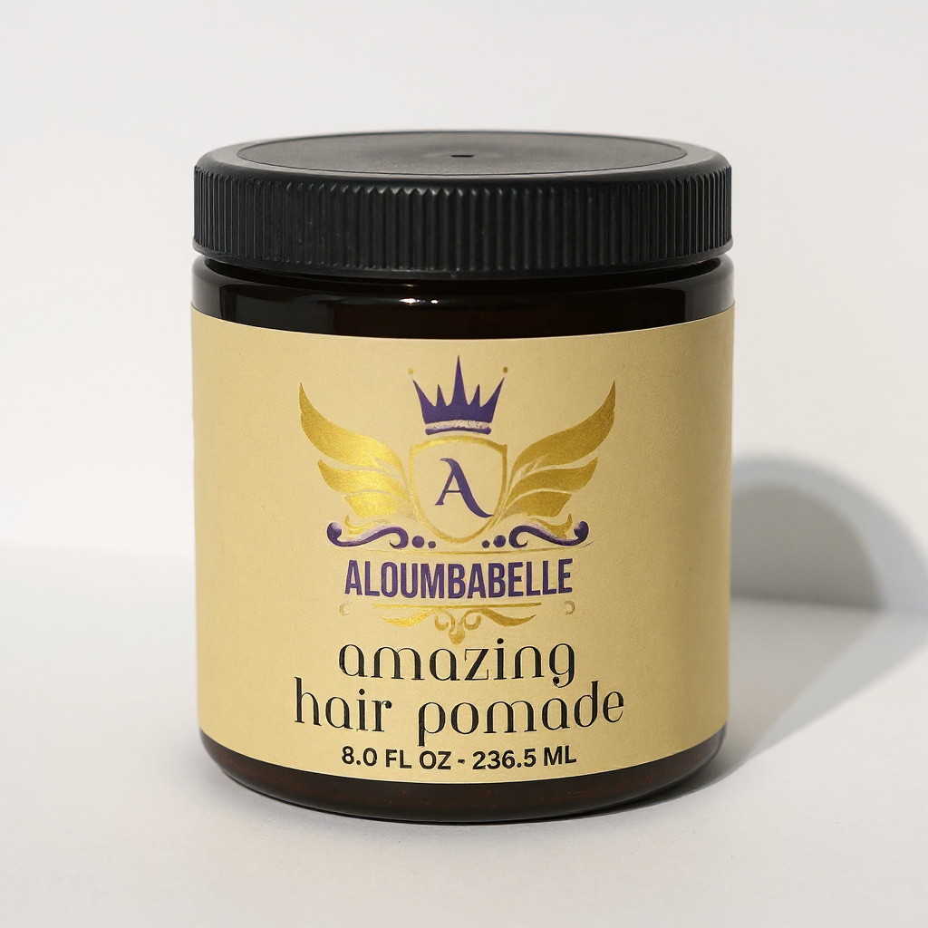8 oz jar of Aloumbabelle Amazing Hair Pomade with black lid.