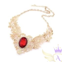 (Red): Vintage Statement Bib Necklace with Red Gem – Elegant Costume Jewelry