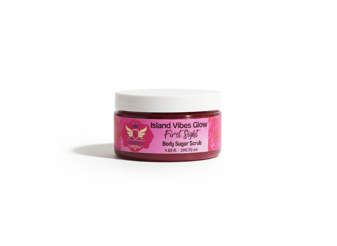 Bright pink “First Sight” sugar scrub jar from the Aloumbabelle Island Vibes Glow collection, 9.83 fl. oz