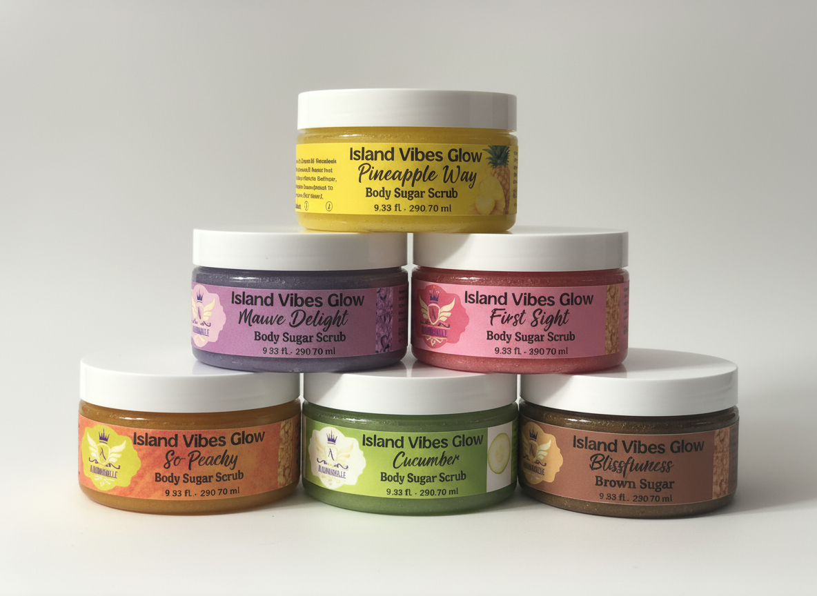 Stacked jars of Aloumbabelle Island Vibes Glow Body Sugar Scrub collection featuring Blissfulness, Pineapple Way, So Peachy, Mauve Delight, Cucumber, and First Sight