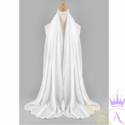 Elegant white scarf displayed on mannequin with draped fabric.