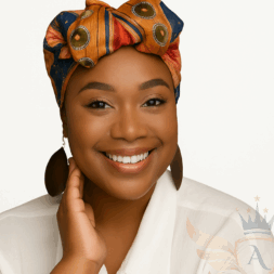 Woman smiling in an orange and navy patterned silk scarf styled as a turban