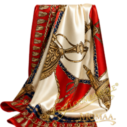 Luxury satin scarf with red, cream, blue, and gold decorative print design and protective watermark logos