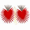 Red sunburst palm statement earrings with silver crystal accent top and ALOUMBABELLE® protective logo overlay on white background