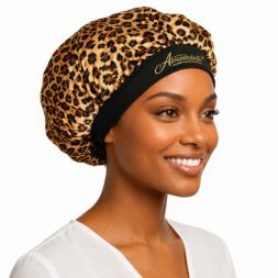 Model wearing leopard print satin bonnet with black band and protective watermark logo
