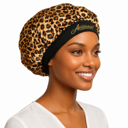 Model wearing leopard print satin bonnet with black band and protective watermark logo