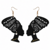 Black African Queen silhouette earrings with intricate headwrap cutout design and gold tone hooks on white background