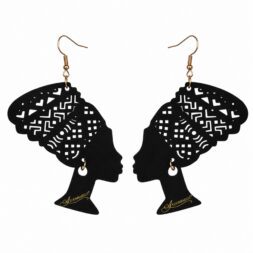 Black African Queen silhouette earrings with intricate headwrap cutout design and gold tone hooks on white background