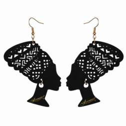 Black African Queen silhouette earrings with intricate headwrap cutout design and gold tone hooks on white background