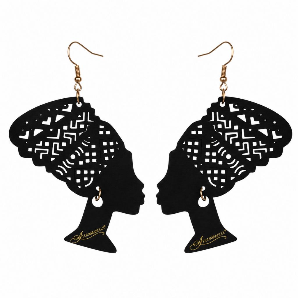 Black African Queen silhouette earrings with intricate headwrap cutout design and gold tone hooks on white background