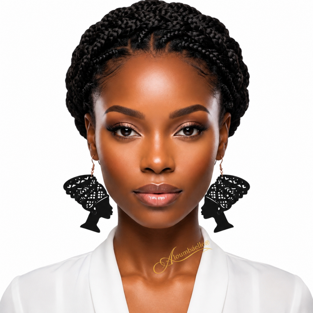 Black African Queen Earrings model wearing black headwrap silhouette earrings with braided updo and white blouse