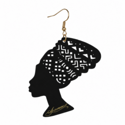 Single black African queen silhouette earring with intricate headwrap cutout design and gold hook on white background