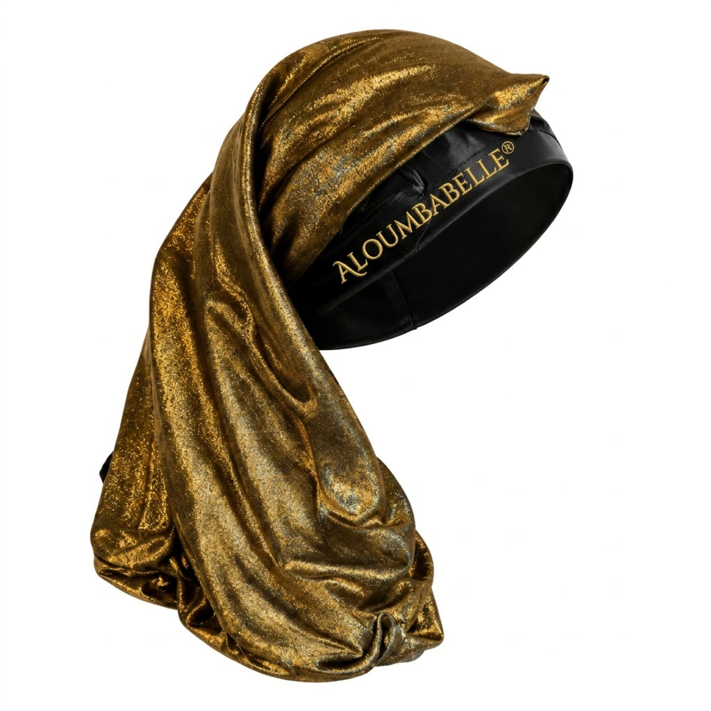 Ghost mannequin displaying a black and gold shimmer bonnet with a black satin band; ALOUMBABELLE visible as protective image branding and not confirmed as part of the physical bonnet design
