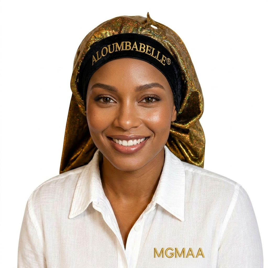 Model wearing a black and gold shimmer bonnet with a black satin band; ALOUMBABELLE visible as protective image branding and MGMAA visible as a protective watermark, not product features