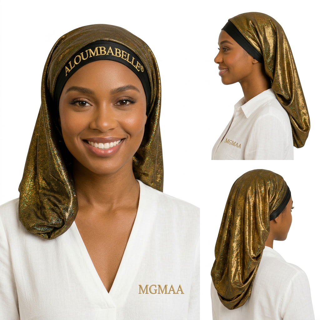 Three-image collage featuring a model wearing a black and gold shimmer long bonnet; ALOUMBABELLE visible as protective image branding and MGMAA visible as a protective watermark, not product features