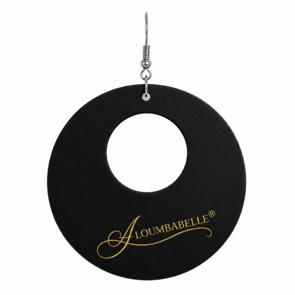 Black wooden circle earring with center cutout and silver hook