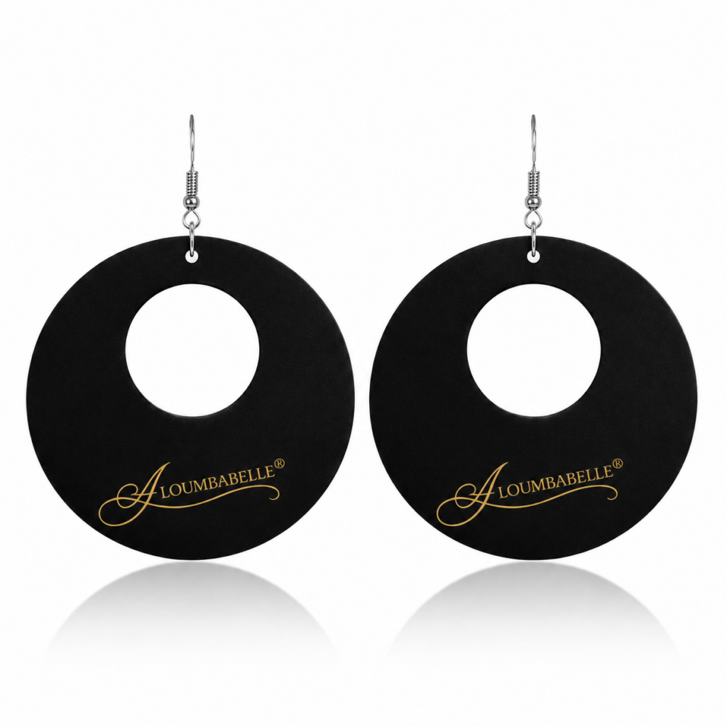 Pair of black wooden circle earrings with center cutout and silver hooks