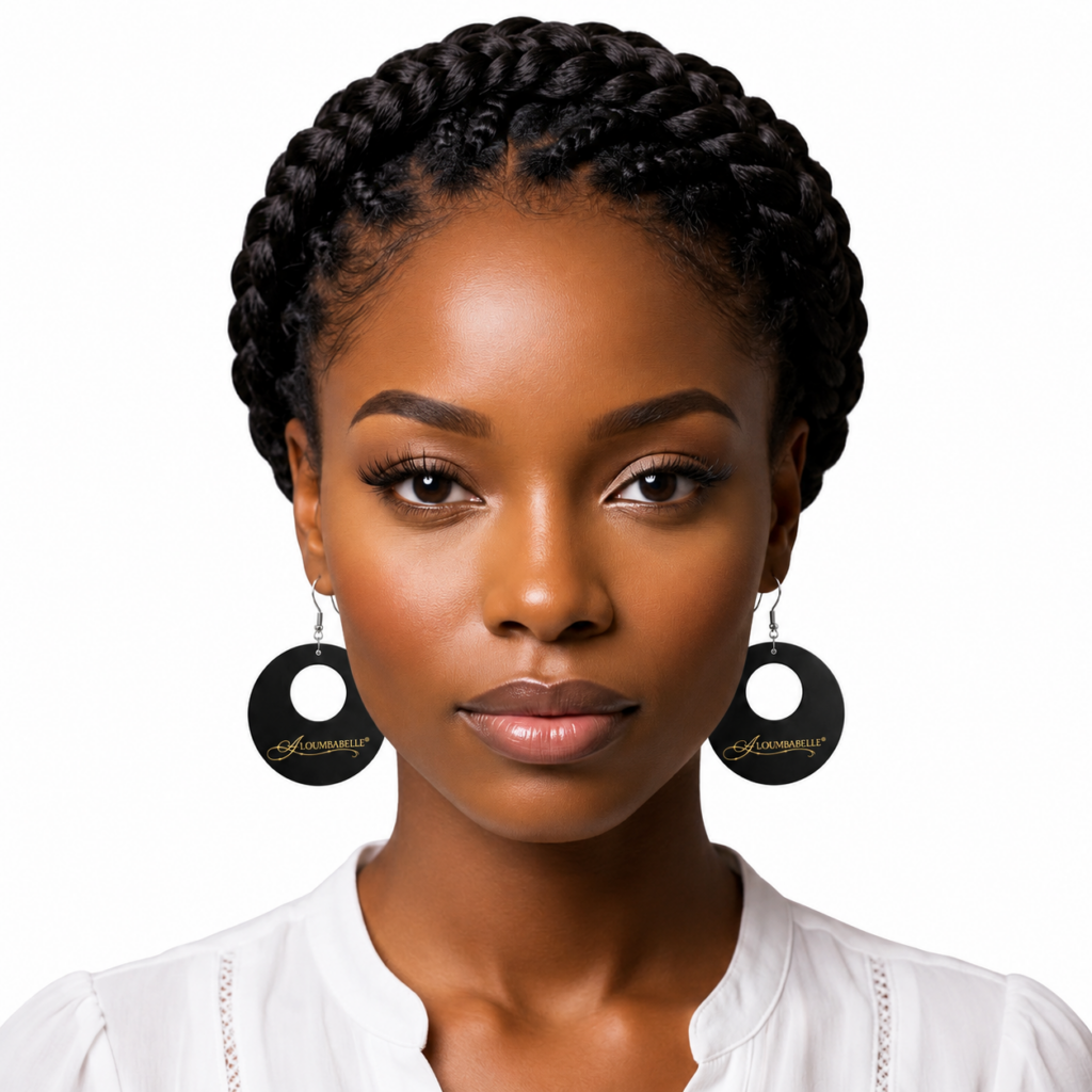 Model wearing black wooden circle earrings with center cutout