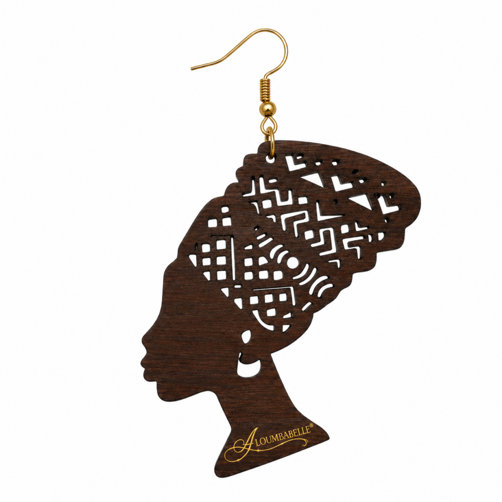 Brown African Queen silhouette earrings with intricate headwrap