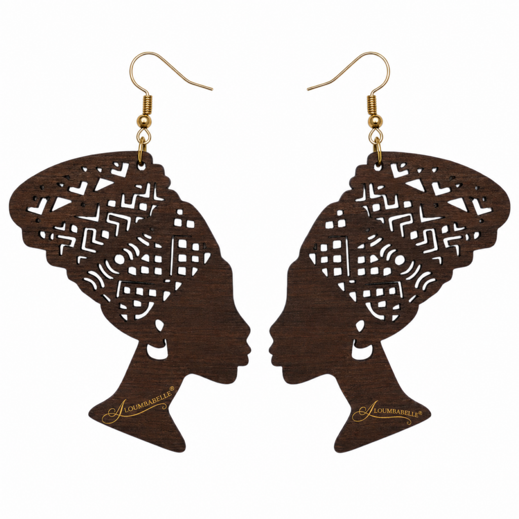 Brown African Queen silhouette earrings with intricate headwrap cutout design and gold tone hooks on white background