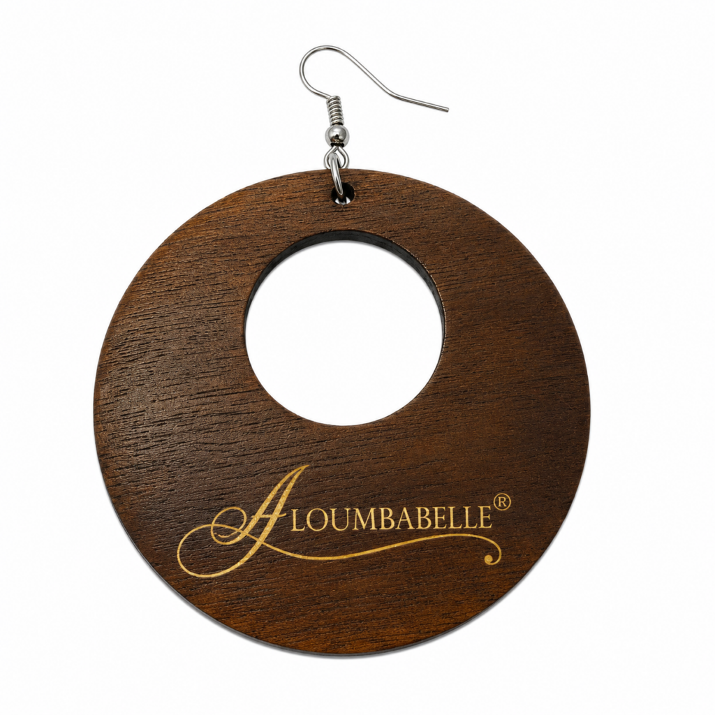 Brown wooden circle earring with center cutout and silver hook