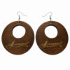 Pair of brown wooden circle earrings with center cutout and silver hooks