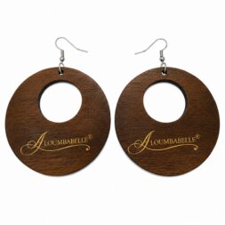 Pair of brown wooden circle earrings with center cutout and silver hooks