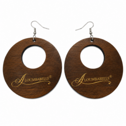 Pair of brown wooden circle earrings with center cutout and silver hooks