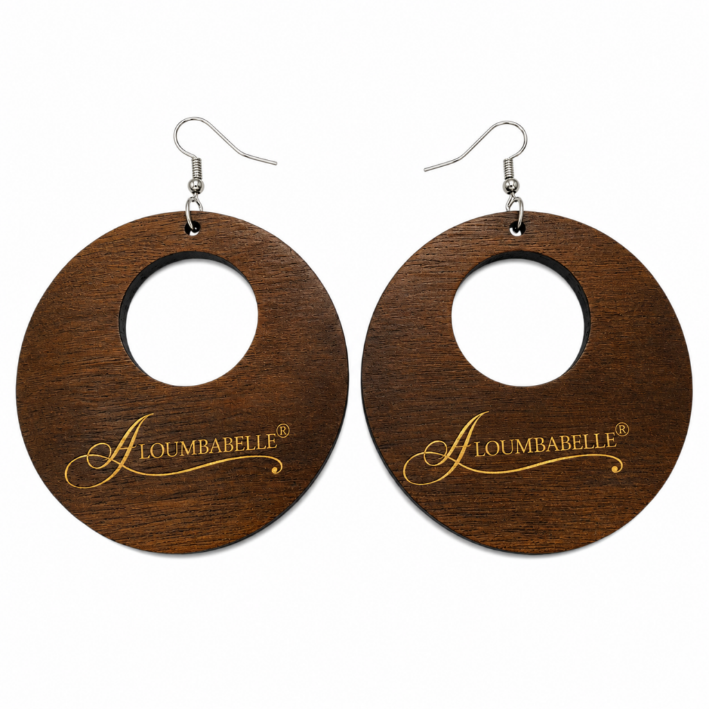 Pair of brown wooden circle earrings with center cutout and silver hooks