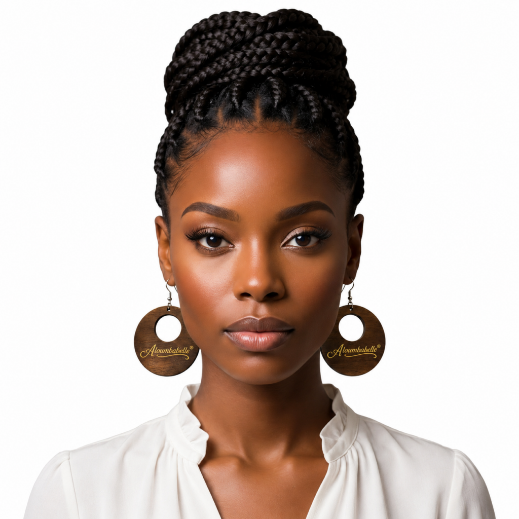 Model wearing brown wooden circle earrings with center cutout on white background