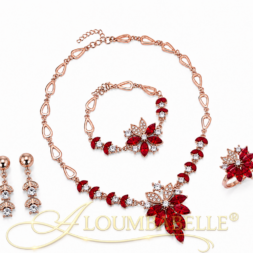 Clear crystal and red accent gold jewelry set flat lay with protective watermark logo