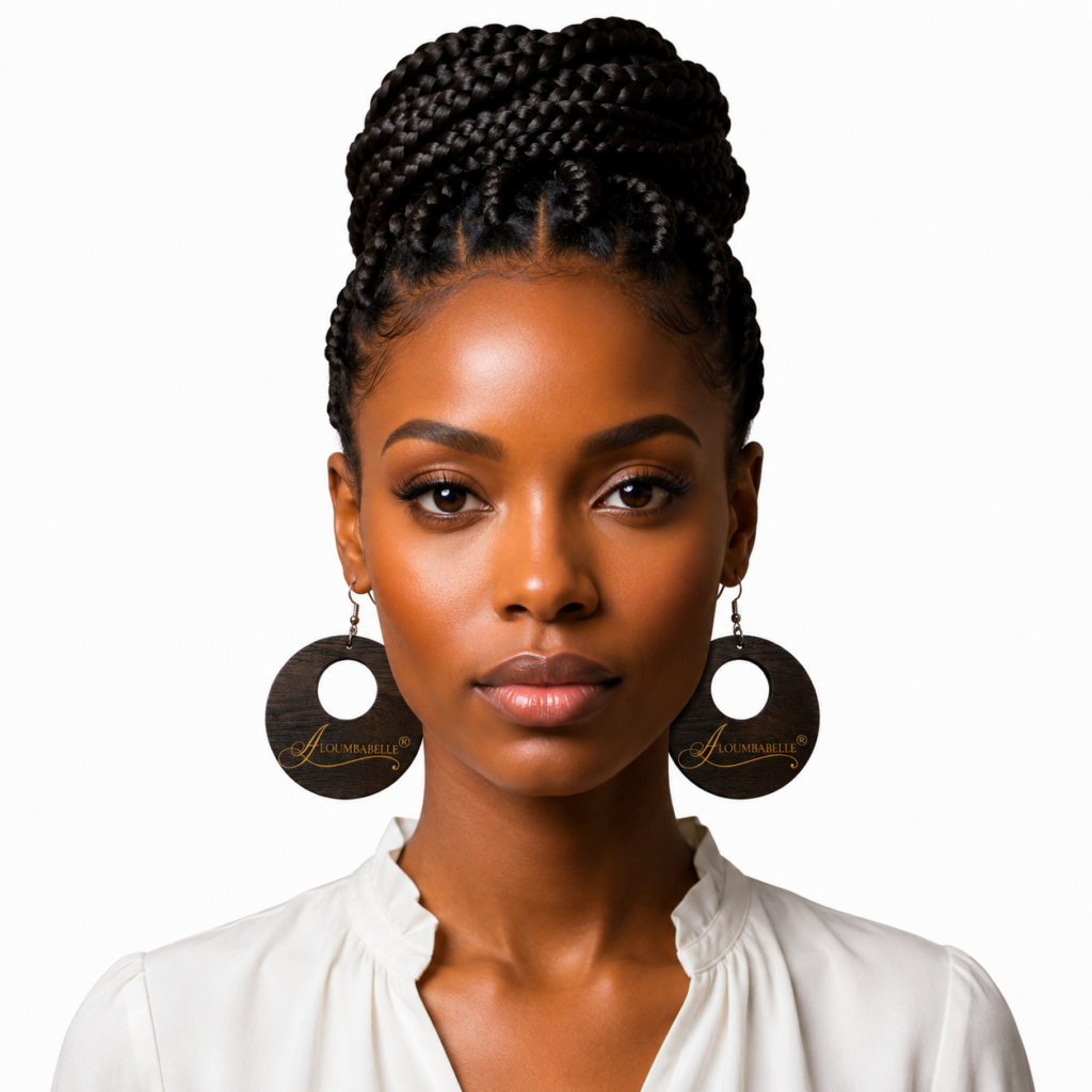 Model wearing dark brown wooden circle earrings with center cutout