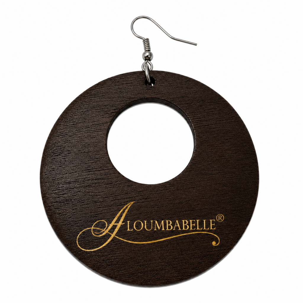 Dark brown wooden circle earring with center cutout and silver hook