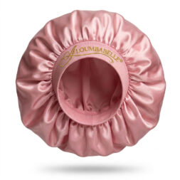 Deluxe large pink satin bonnet displayed on ghost mannequin with protective watermark logo