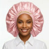 Model wearing deluxe red satin bonnet with protective watermark logo