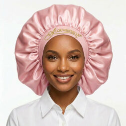 Model wearing deluxe red satin bonnet with protective watermark logo