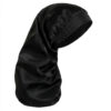 Ghost mannequin displaying an elegant satin sleep bonnet in a black satin finish; ALOUMBABELLE visible as protective image branding and not confirmed as part of the physical bonnet design