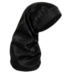 Ghost mannequin displaying an elegant satin sleep bonnet in a black satin finish; ALOUMBABELLE visible as protective image branding and not confirmed as part of the physical bonnet design