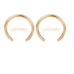 Minimal gold tone open hoop earrings displayed on white background with ALOUMBABELLE® protective logo overlay