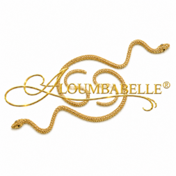 Gold snake statement jewelry with overlapping ALOUMBABELLE® logo on white background for brand protection